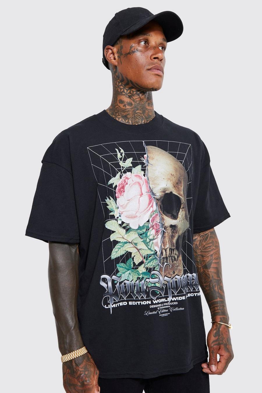 Black Oversized Floral Skull Print T-shirt image number 1