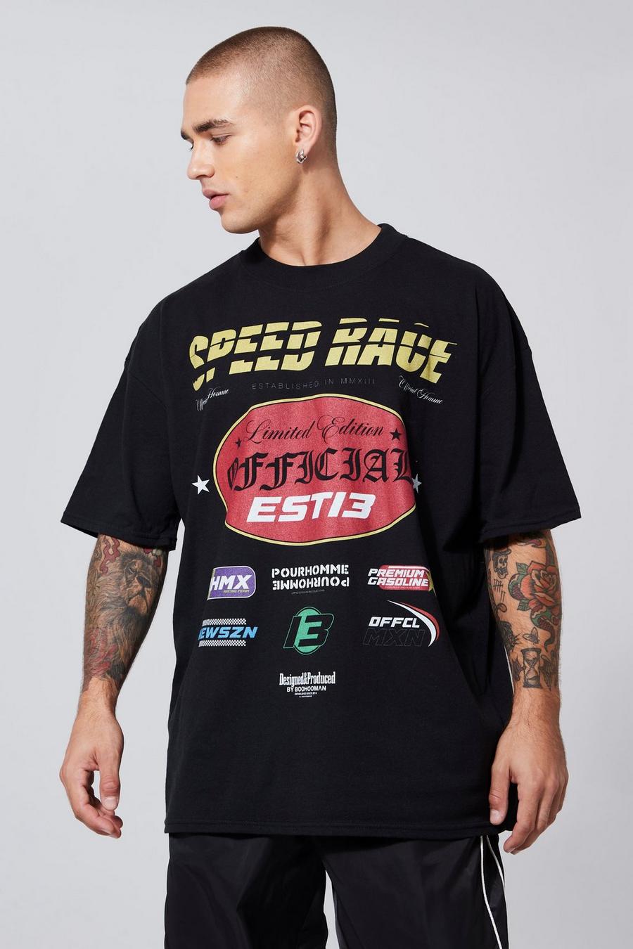 Black Oversized Speed Race Moto Print T-shirt image number 1
