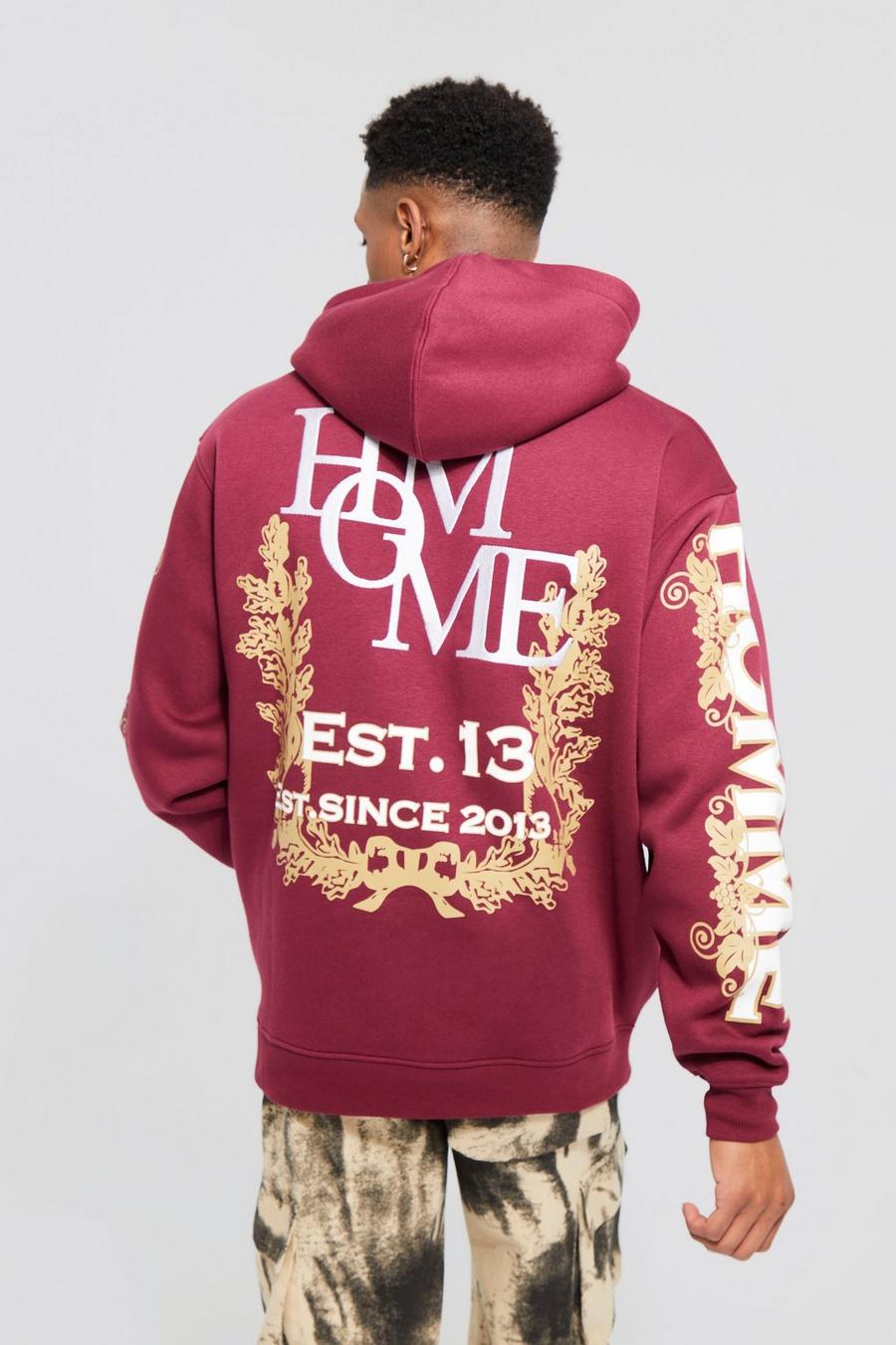 Burgundy Oversized Homme Embroidered Hoodie image number 1
