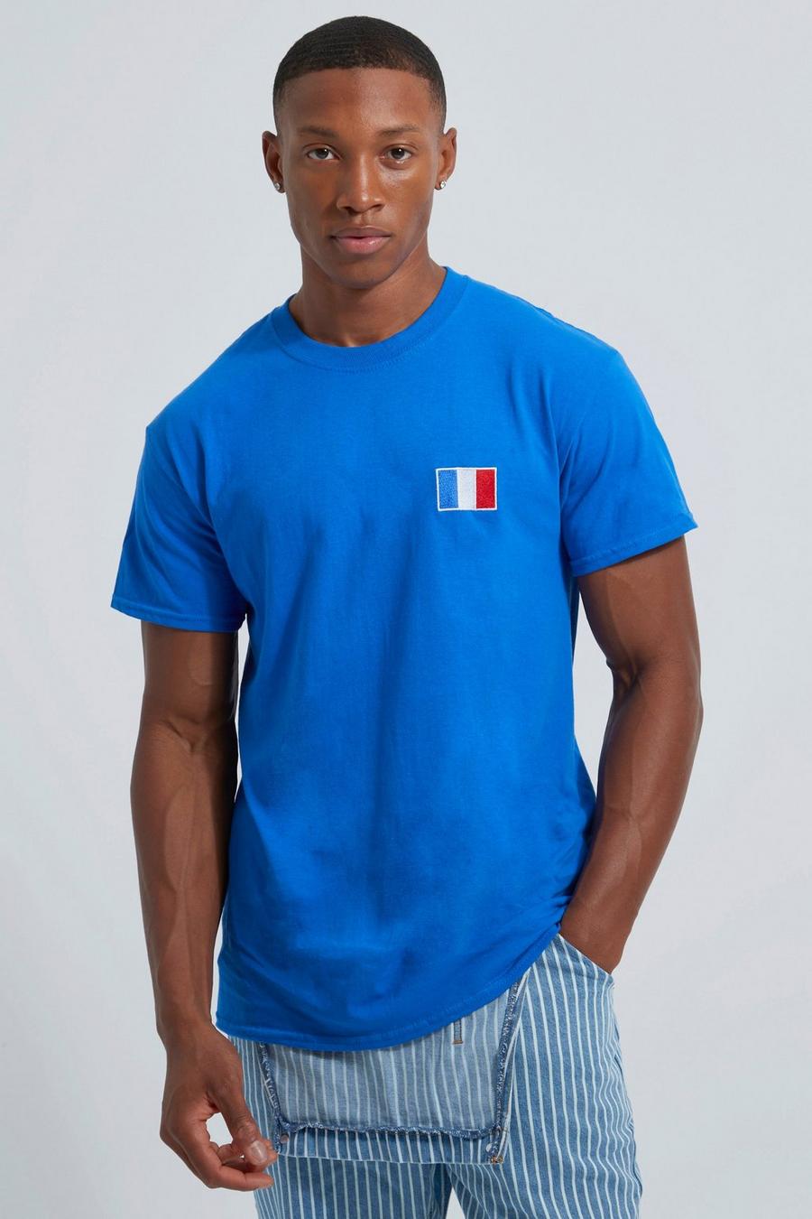 Blue Geborduurd Franse Vlag T-Shirt