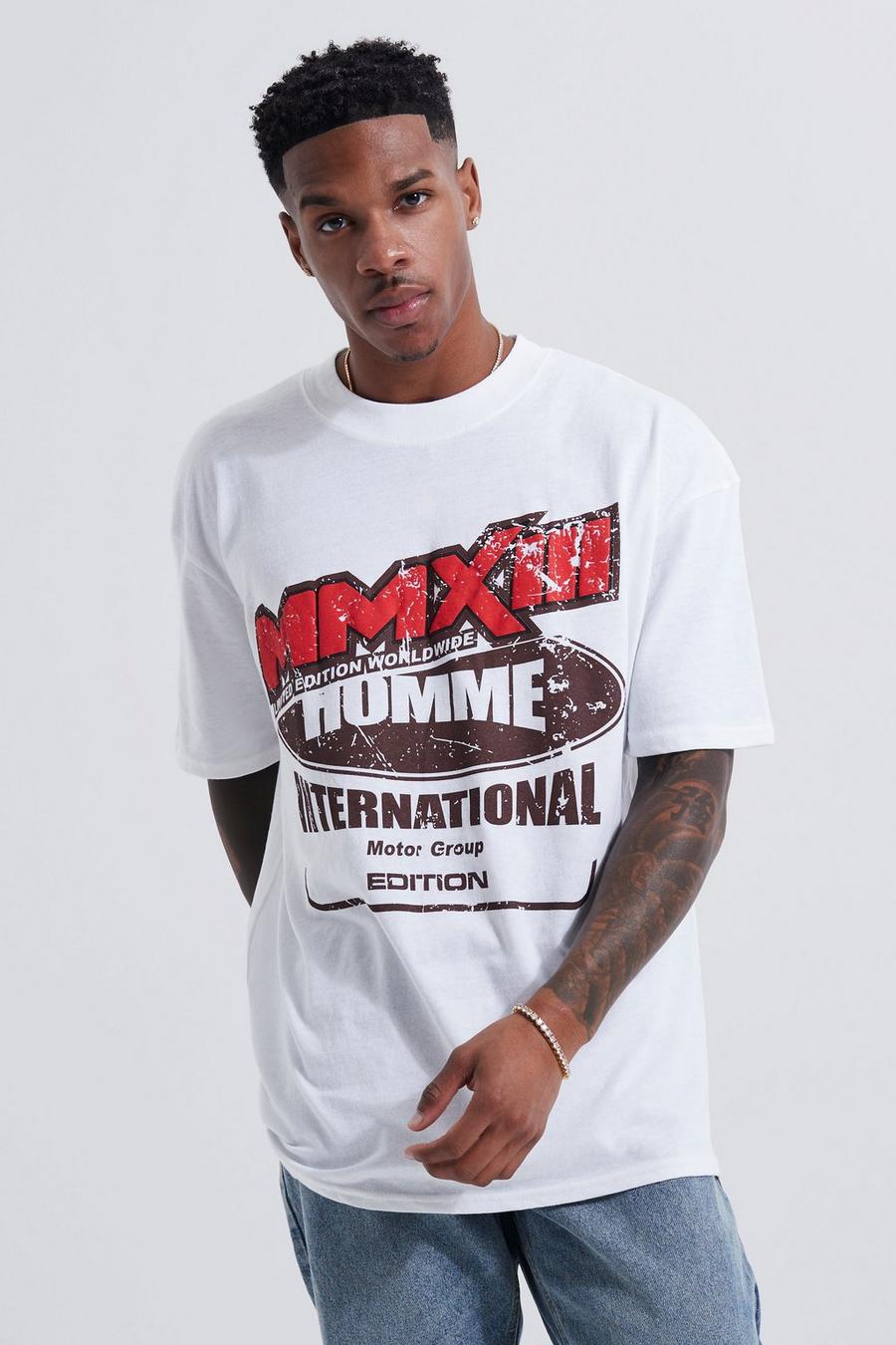 White Oversized Extended Neck Moto Graphic T-shirt image number 1