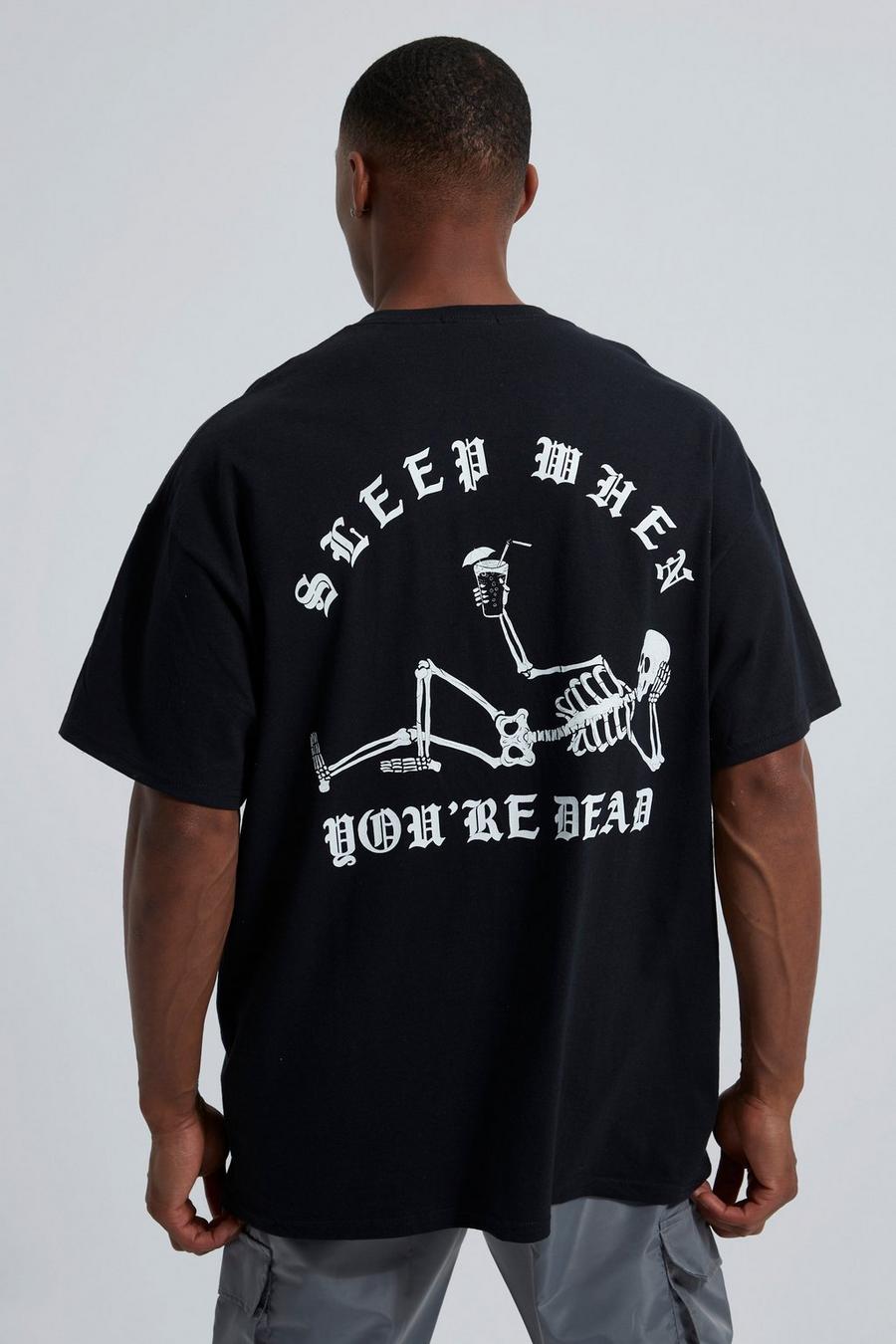 Black Halloween Oversized t-shirt med skelett image number 1