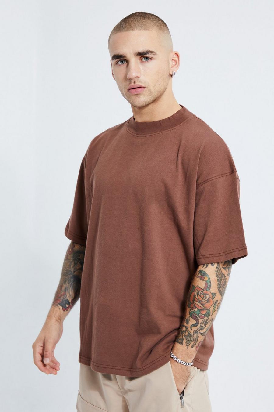 T-shirt oversize pesante con girocollo esteso, Chocolate marrón image number 1