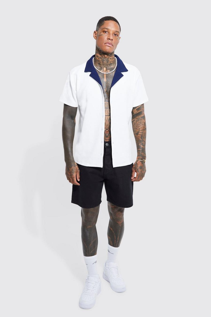 Camisa de manga corta y tela jersey texturizada, Ecru blanco