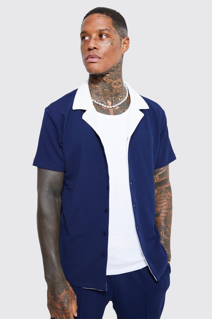 Camisa de manga corta y tela jersey texturizada, Navy azul marino