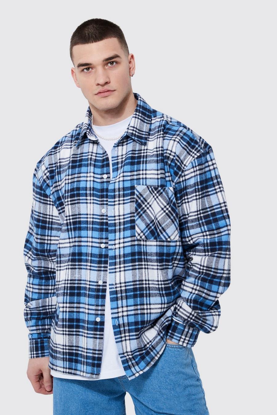 Tall Oversized Boxy Fit Blue Check Shirt, Light blue image number 1