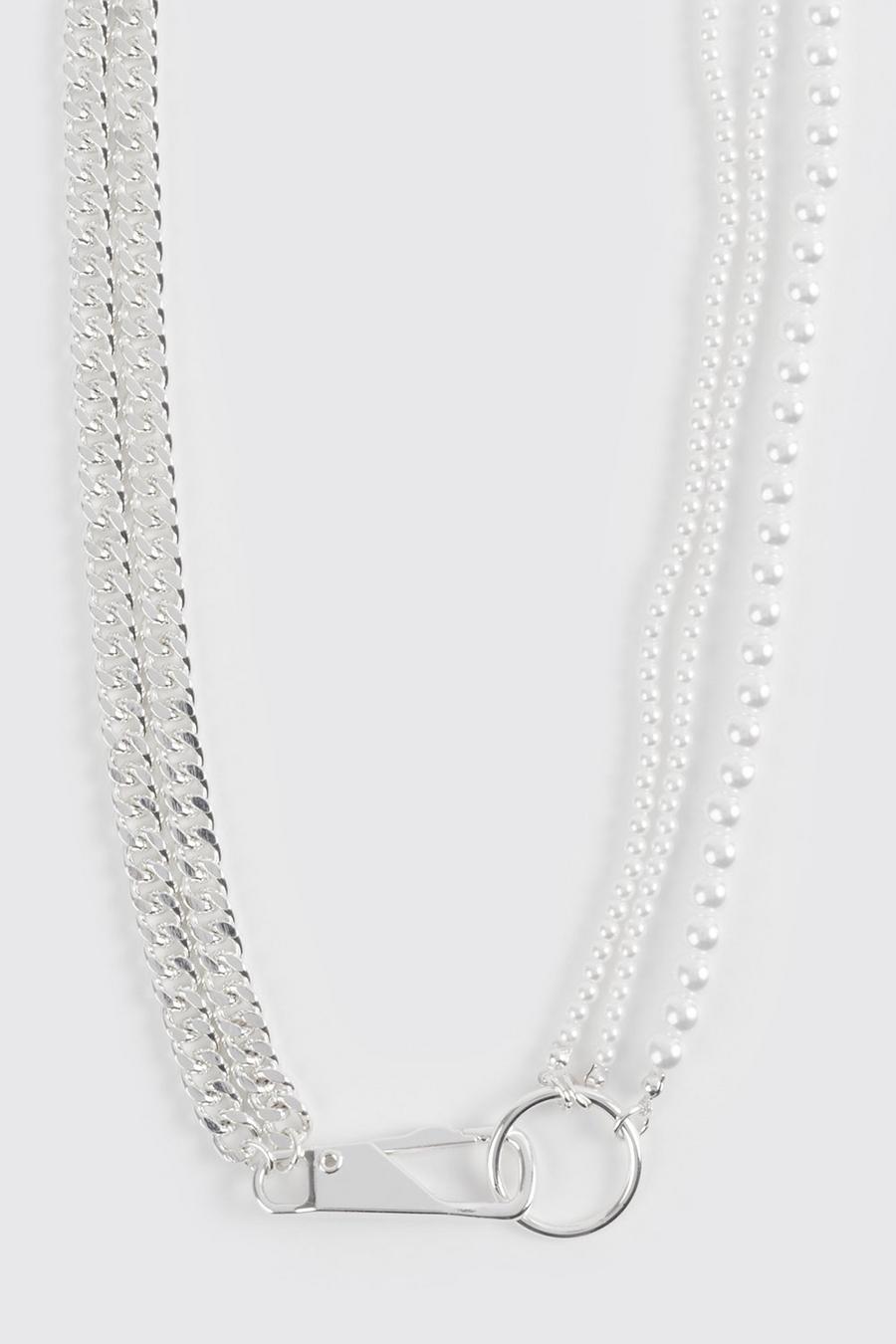 Silver Multi Layer Pearl Chain Necklace image number 1