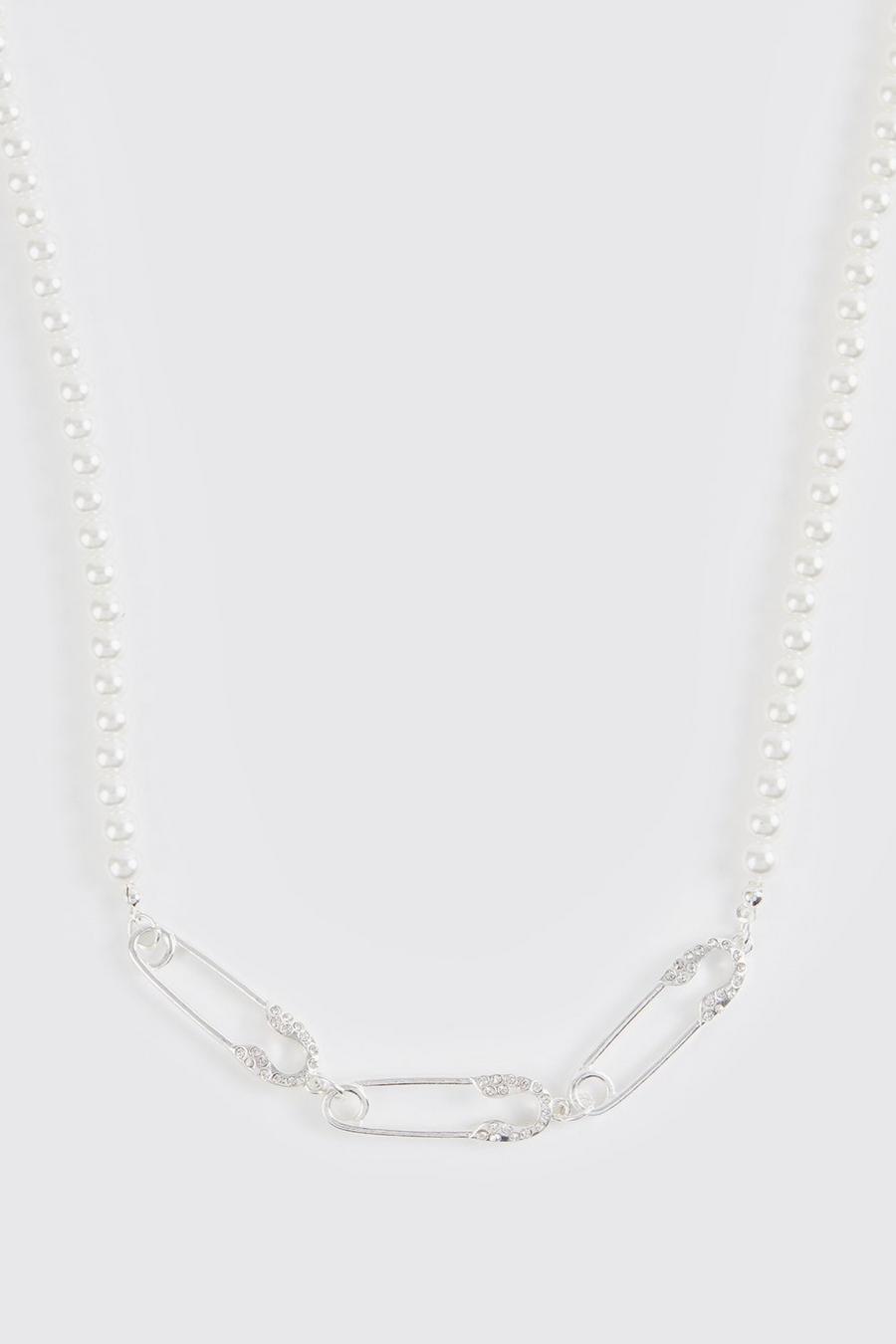 Perlen-Halskette mit Sicherheitsnadel, White weiß