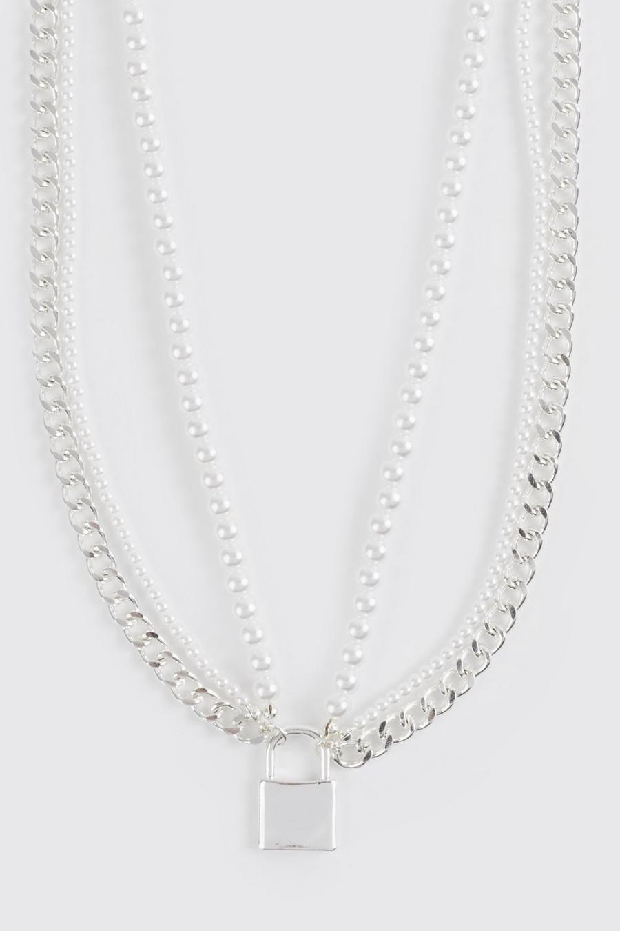 Silver Multi Layer Lock Pearl Necklace