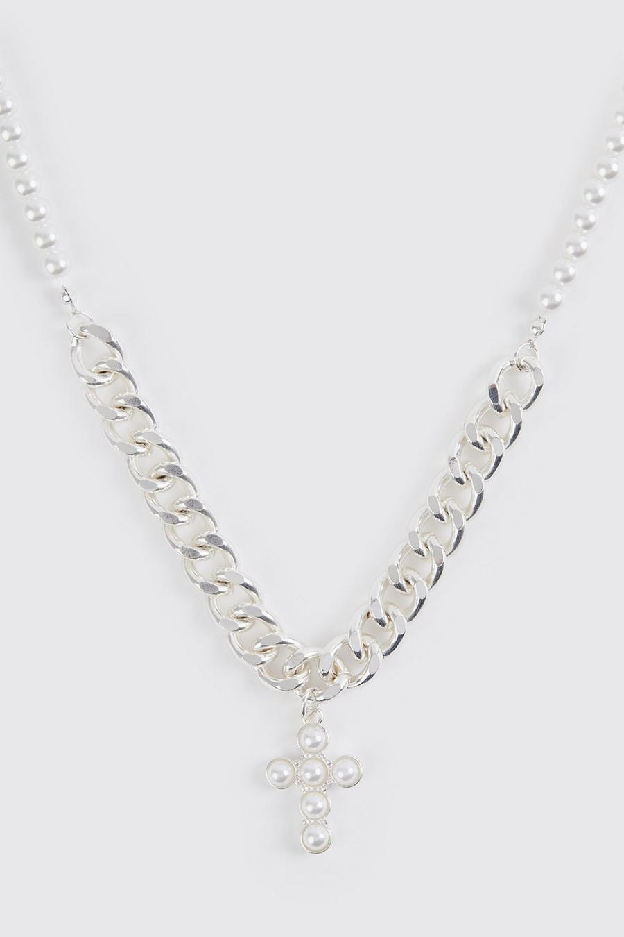 Silver Pearl Cross Chain Necklace image number 1