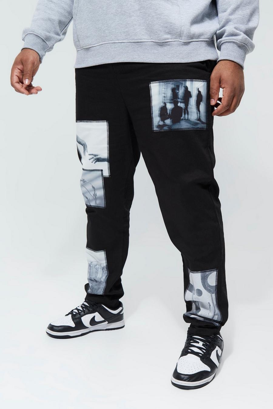 Pantalón Plus ajustado con cintura elástica y estampado de foto, Black image number 1