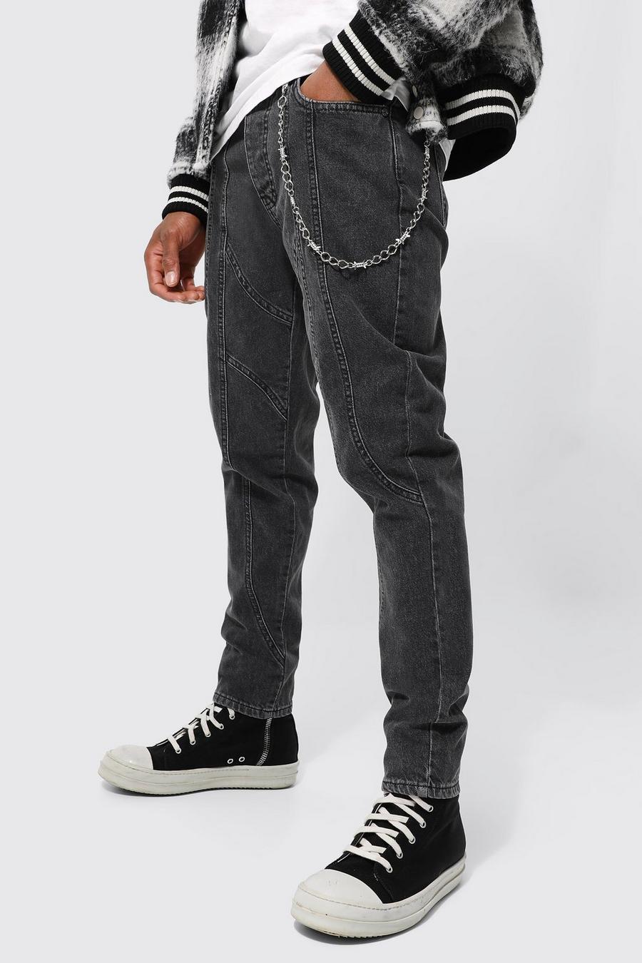 Grey Contrast Stitch Tapered Jeans With Chain Detail image number 1