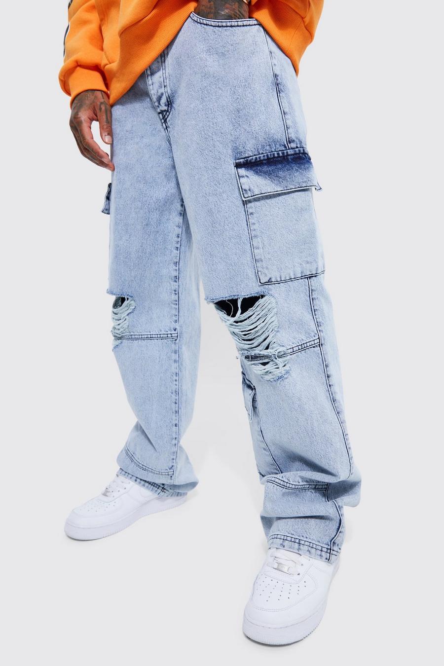 Ice blue Baggy Busted Knee Cargo Jeans image number 1