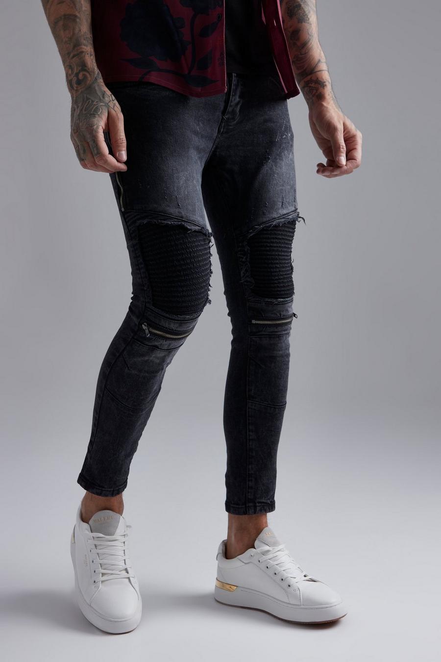 Charcoal gris Zip Detail Biker Panel Jeans