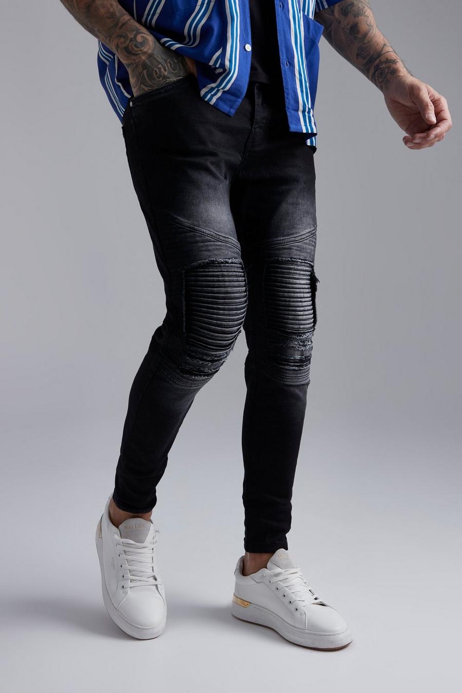 Jeans Biker Slim Fit slavati con strappi & rattoppi, Charcoal gris