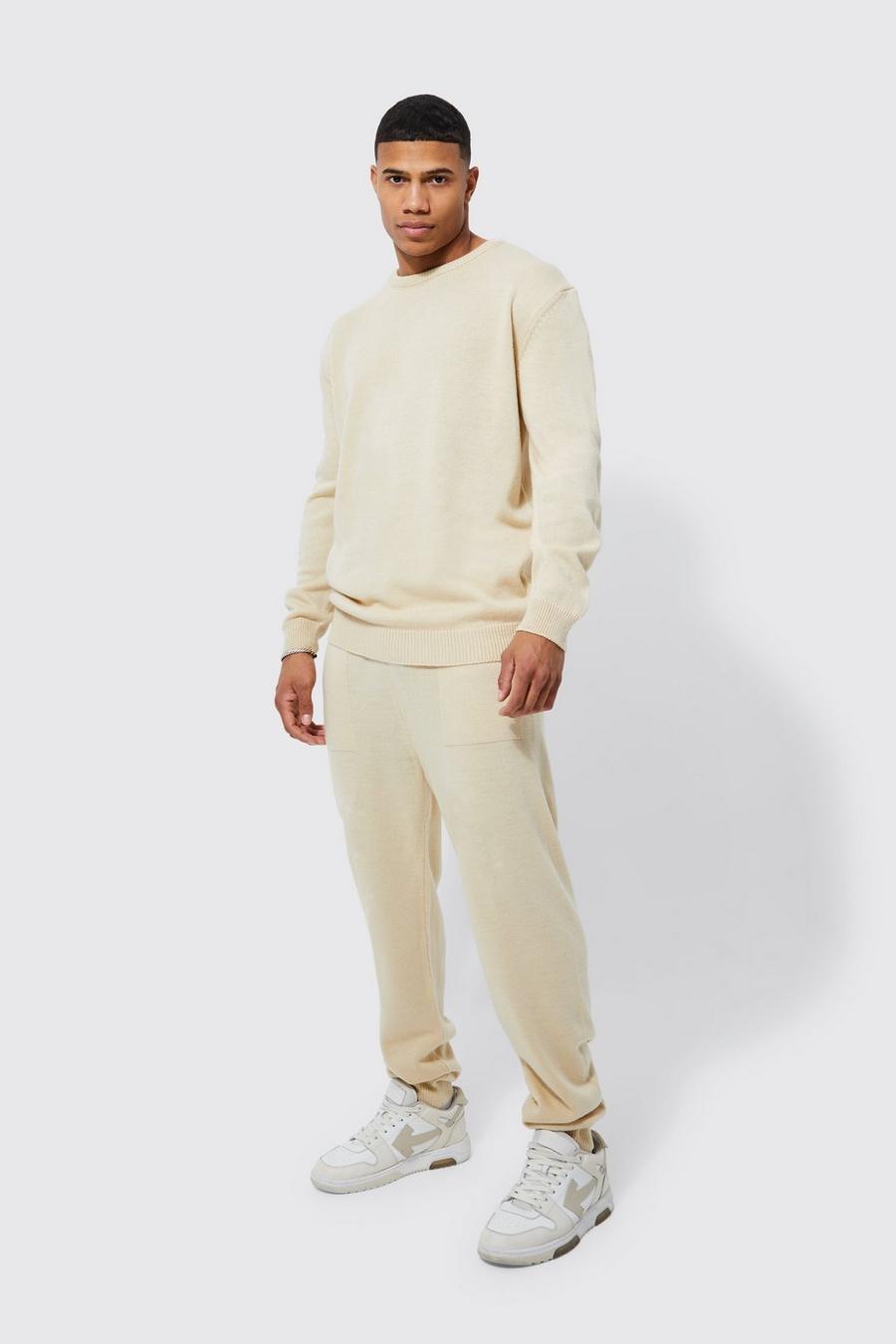 Stone beige Basic Knitted Sweater And Jogger Tracksuit image number 1