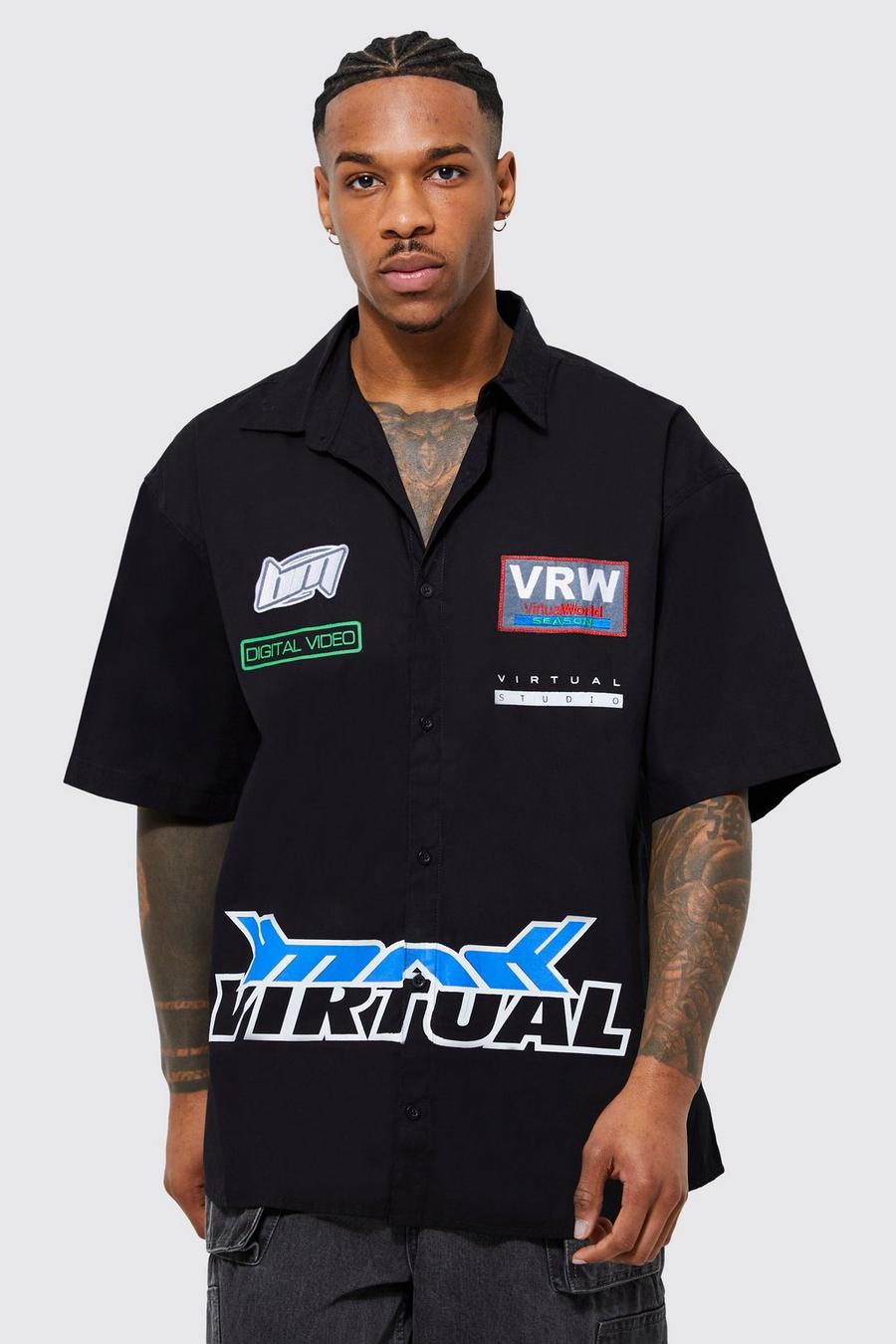 Black Boxy Oversized Twill Applique Badge Shirt