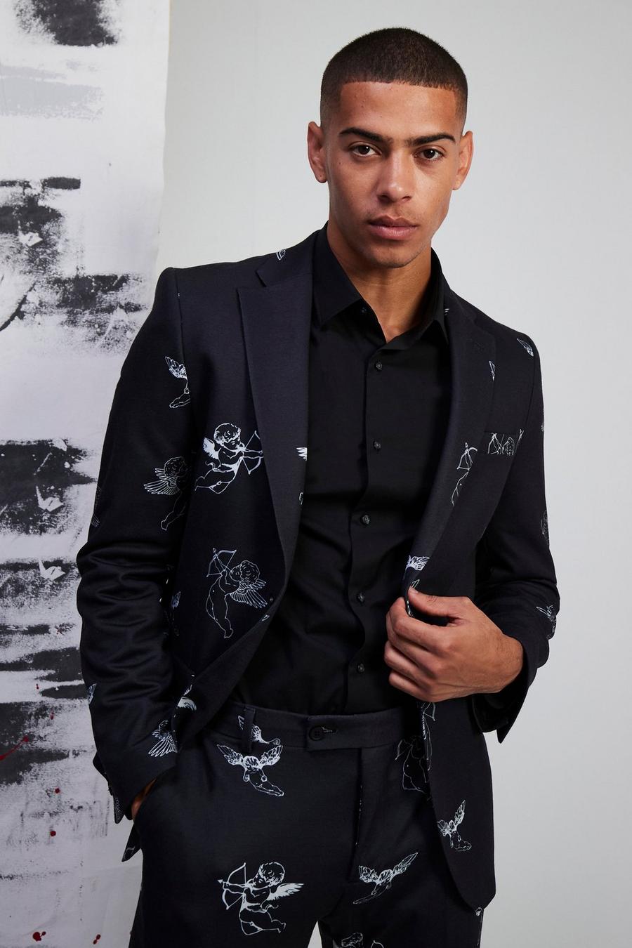 Einreihige Slim-Fit Anzugjacke mit Print, Black image number 1