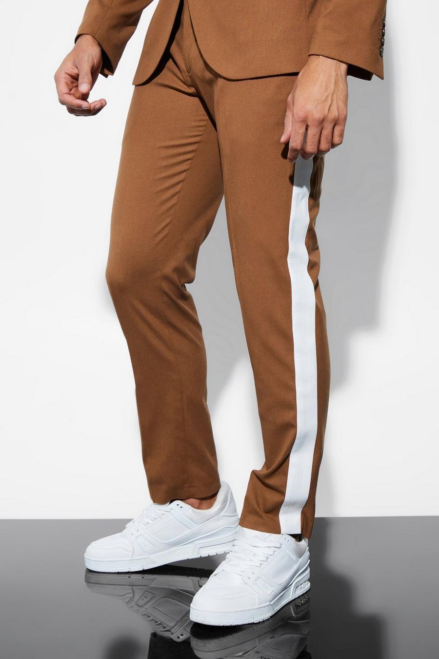 Pantalón de traje ajustado con panel lateral en contraste, Chocolate image number 1