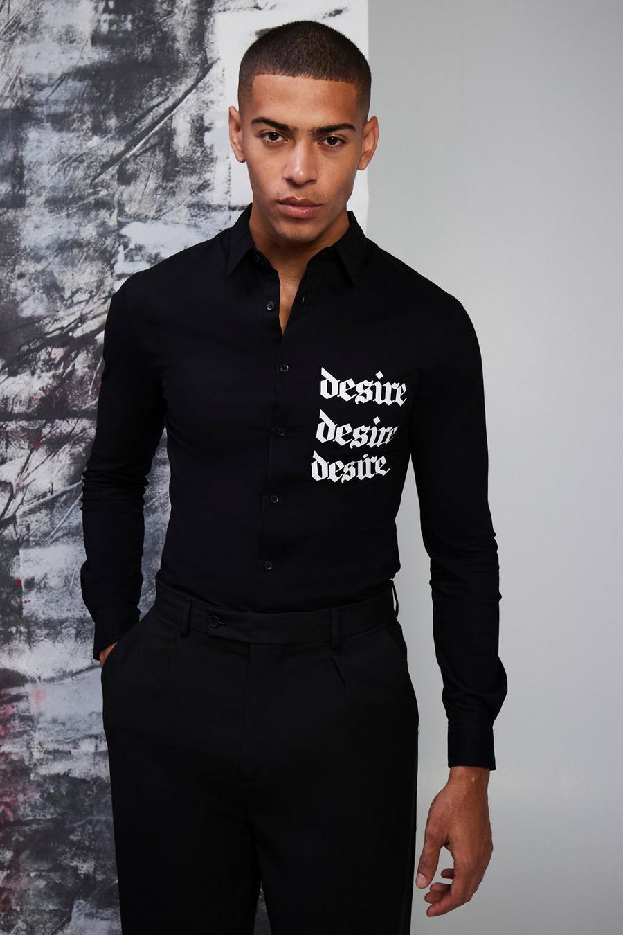 Camicia attillata a maniche lunghe in cotone con grafica, Black image number 1