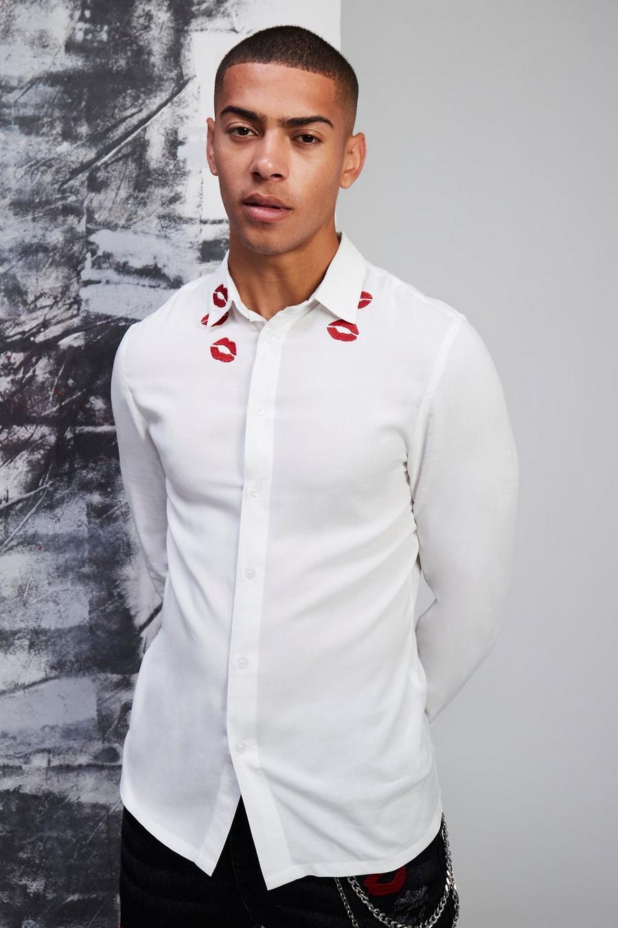 White blanc Long Sleeve Slim Embroidery Viscose Shirt image number 1
