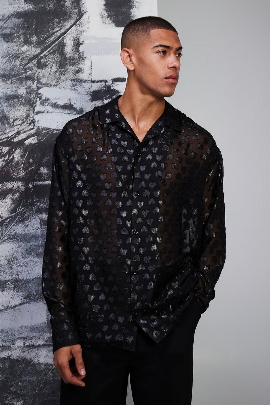 Black negro Textured Heart Print Oversized Shirt