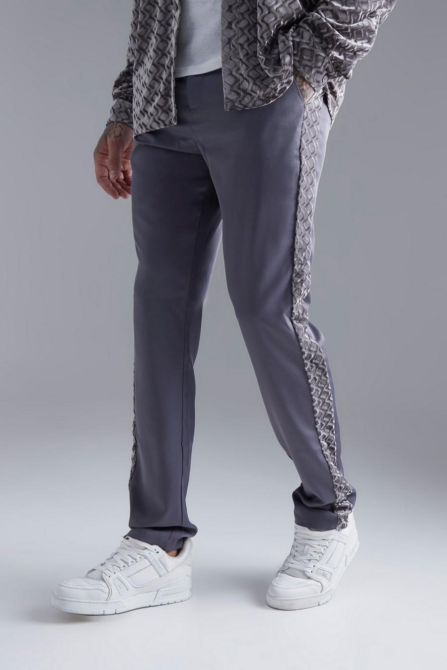 Grey grå  Straight Leg Velour Panel Trousers image number 1