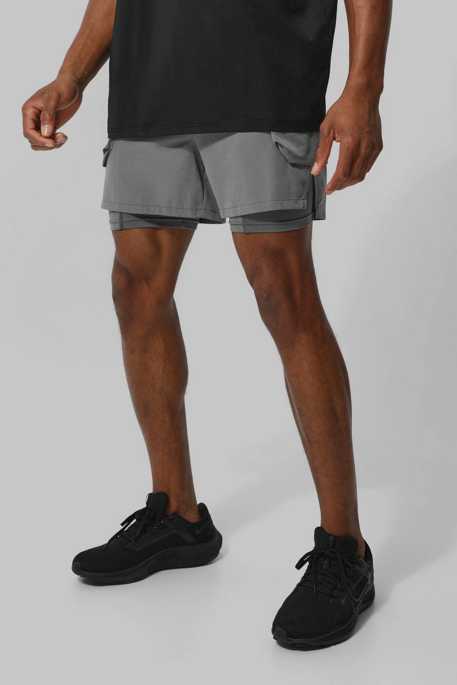 Man Active 2-in-1 Stretch Nylon Cargo-Shorts, Charcoal gris