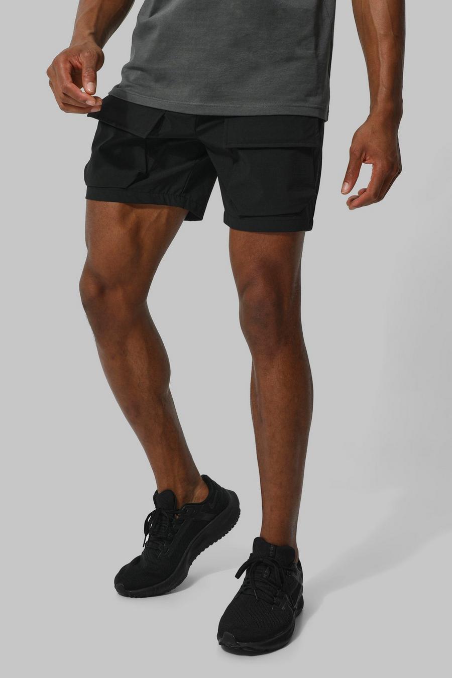 Man Active Stretch Nylon Cargo-Shorts, Black image number 1