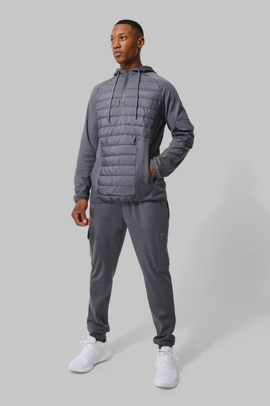 Charcoal grey Man Active Quilted Zip Cargo Tracksuit