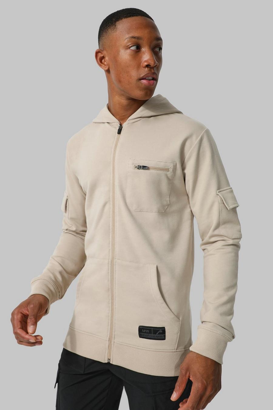 Taupe beige Man Active Muscle Fit Zip Cargo Hoodie image number 1