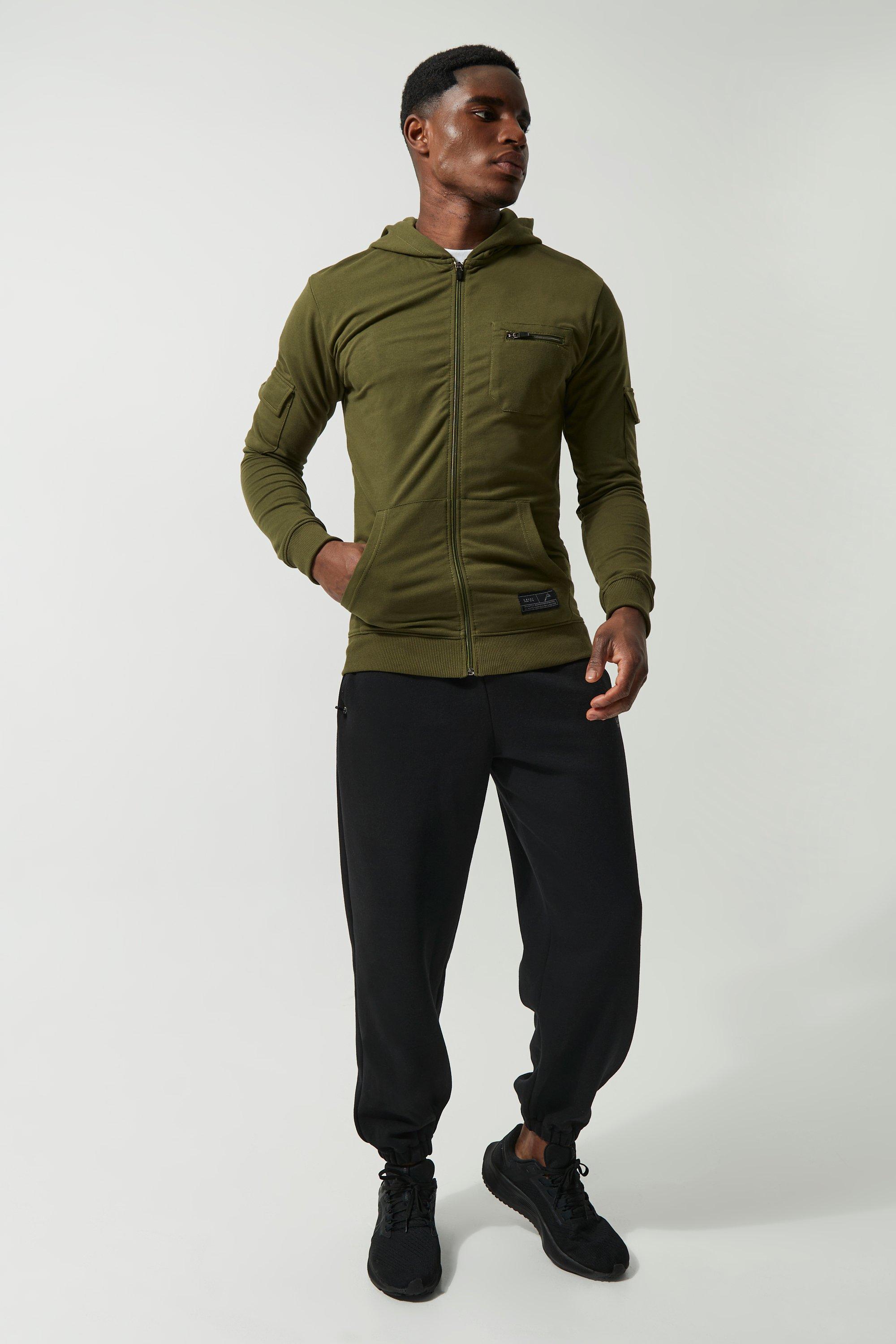 Man Active Muscle Fit Zip Cargo Hoodie boohoo