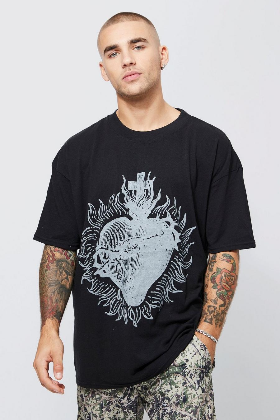 Black Oversized Tattoo Heart Print T-shirt image number 1