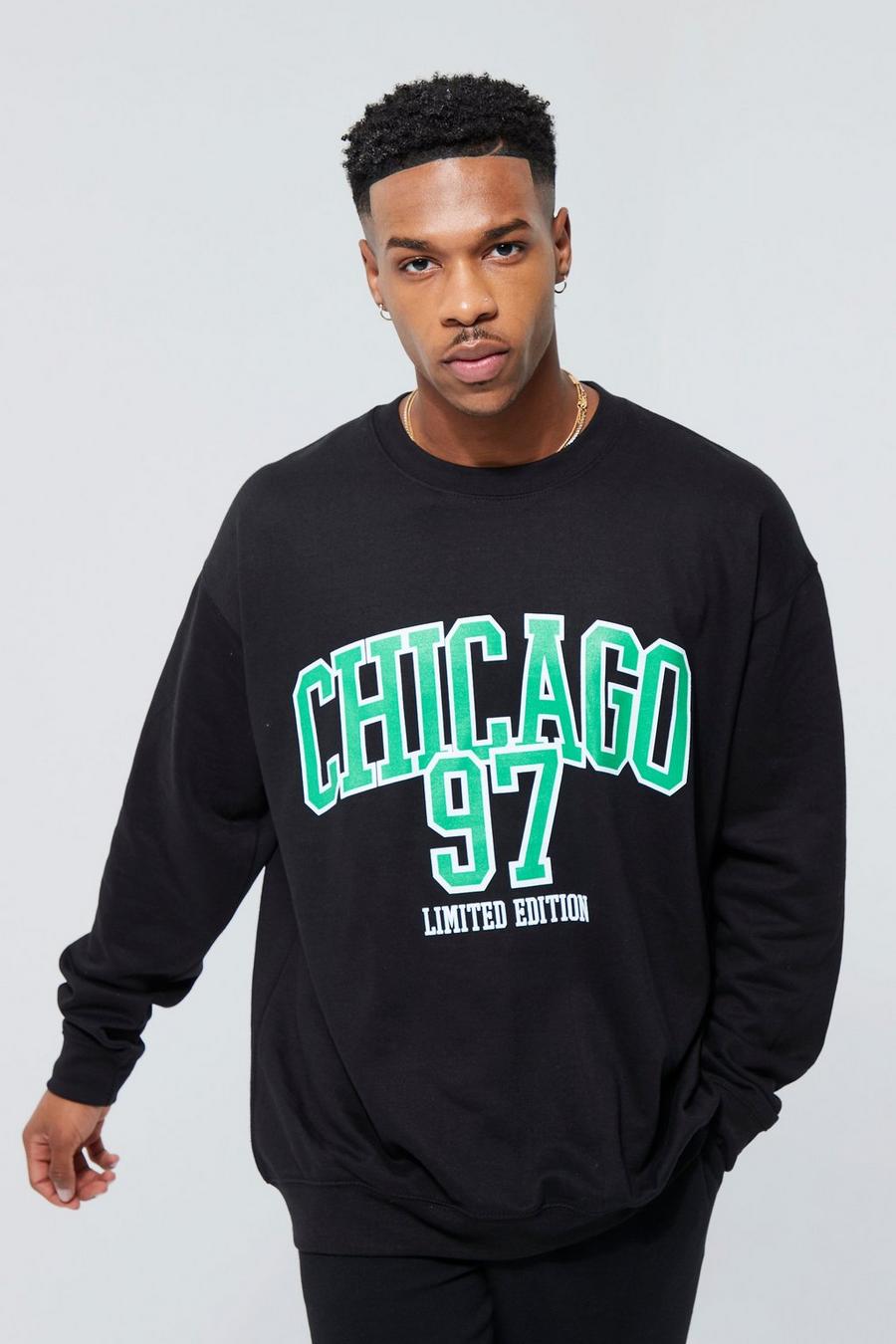 Oversize Sweatshirt mit Chicago-Slogan, Black image number 1
