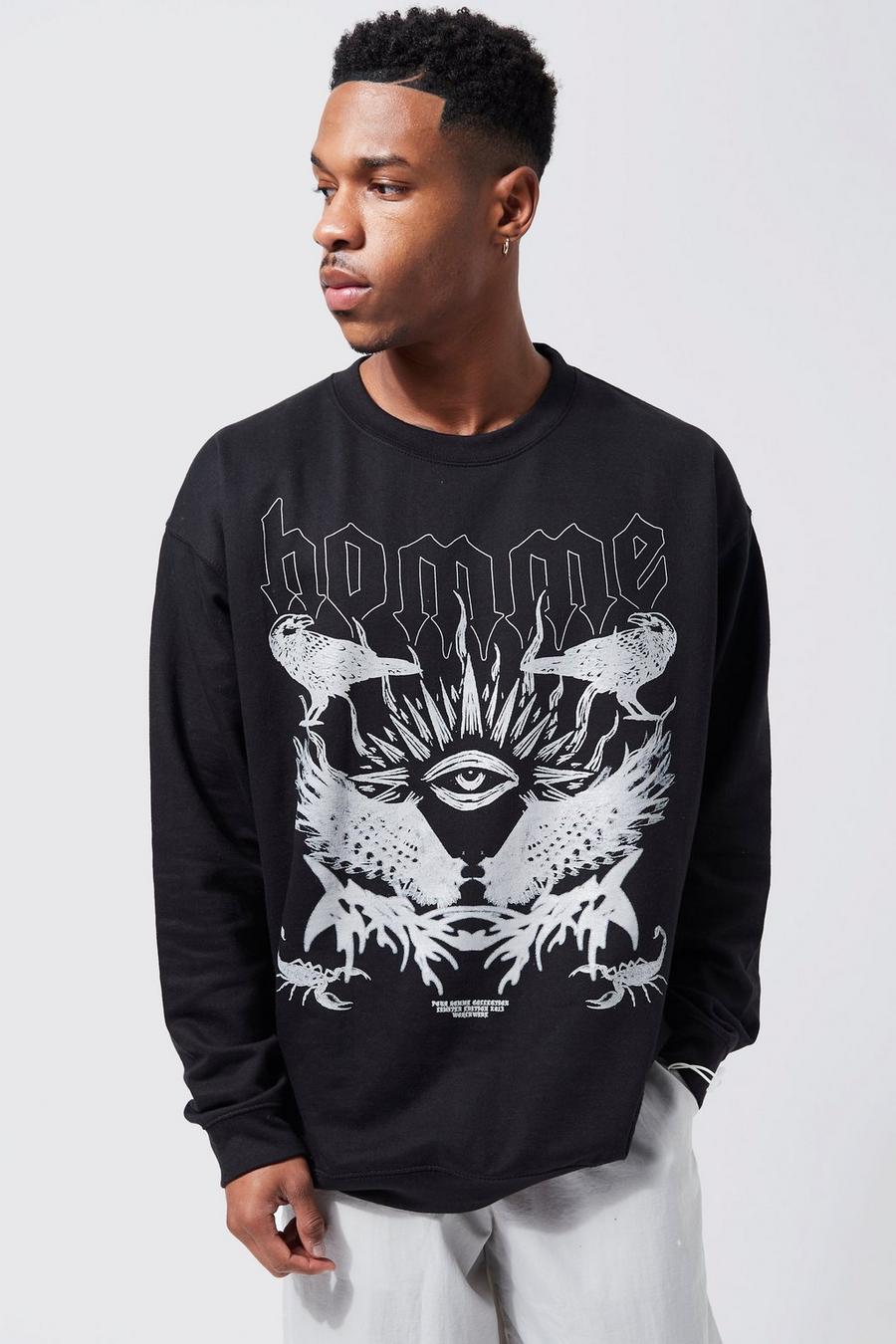 Black Oversized Gothic Homme Print Sweatshirt