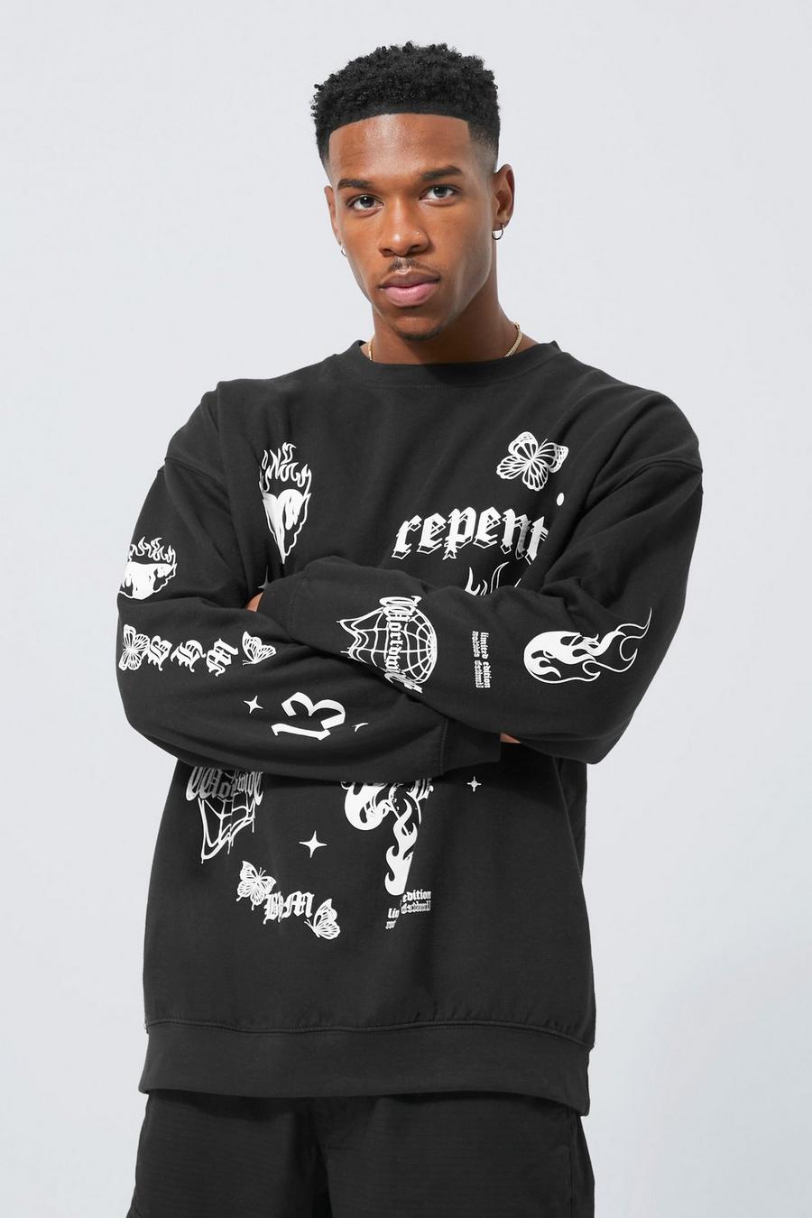 Black Oversized Multi Graphic Sweatshirt
