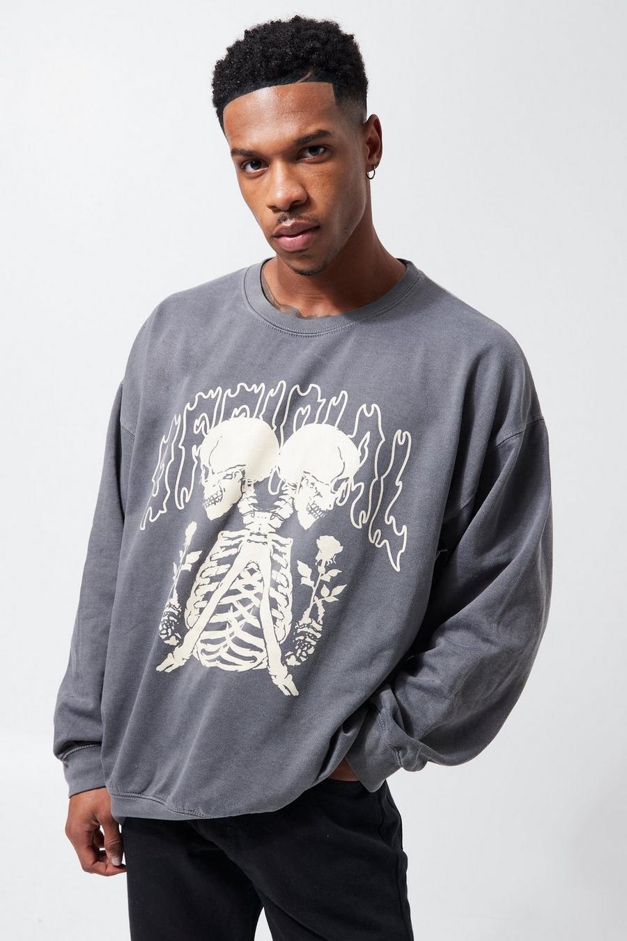 Charcoal Oversized Washed Skeleton Print Sweatshirt image number 1