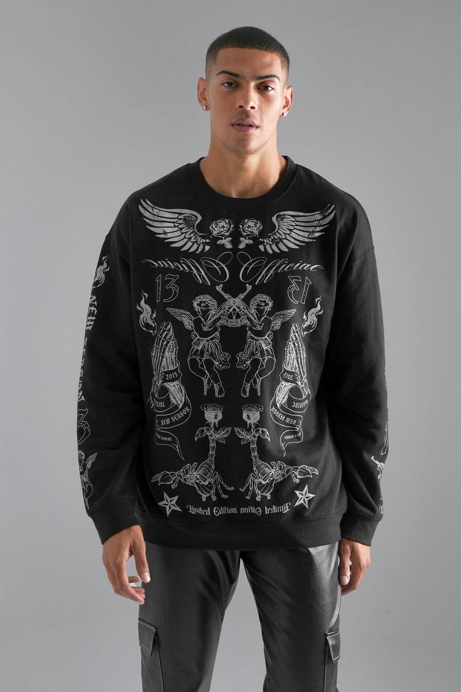 Black Oversized Cherub Multi Print Sweatshirt image number 1