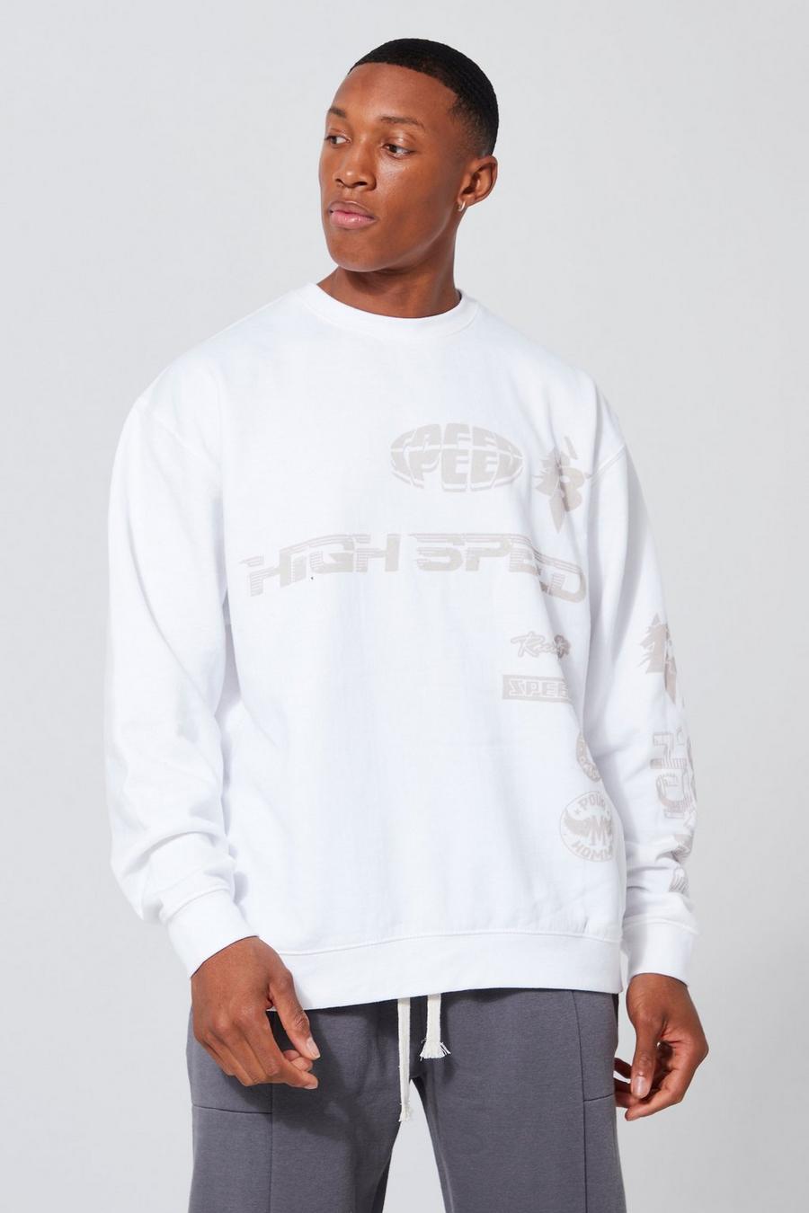 White blanc Oversized High Speed Moto Print Sweatshirt