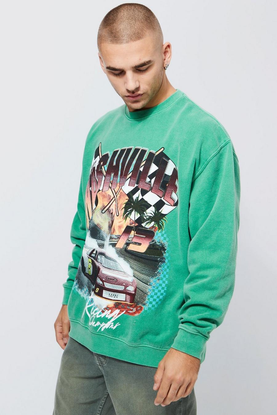 Green Oversized Overdye Car Graphic Sweatshirt image number 1
