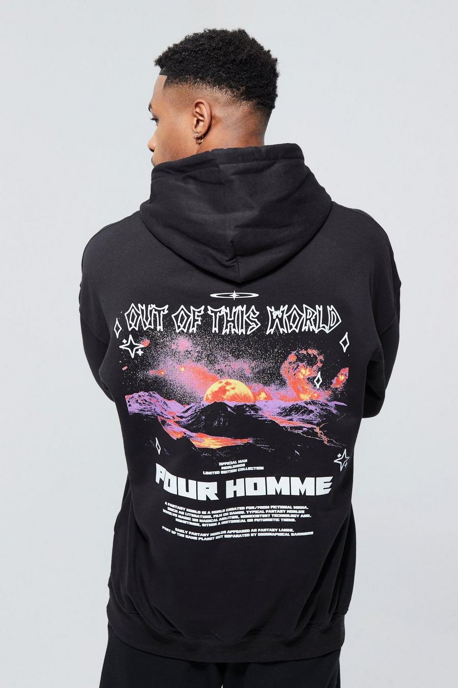 Black Oversized Planet Back Graphic Hoodie image number 1