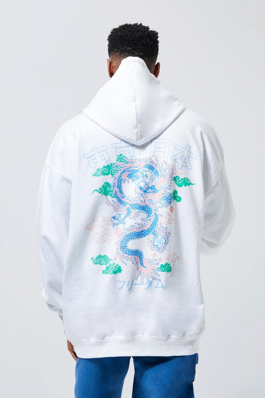 Sudadera con capucha oversize con estampado gráfico de dragón en la espalda, White blanco image number 1