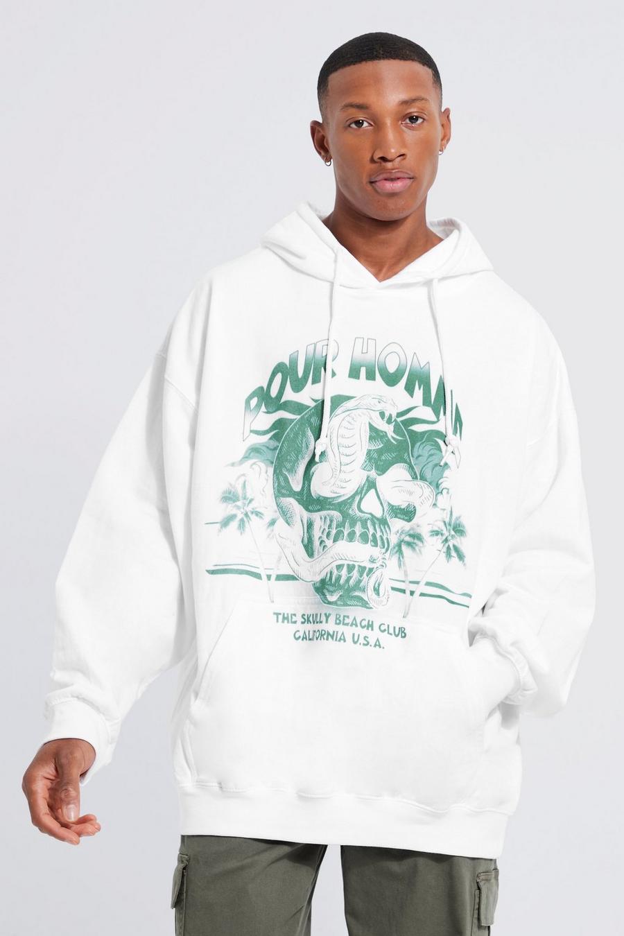 White Oversized Pour Homme Skull Snake Print Hoodie image number 1