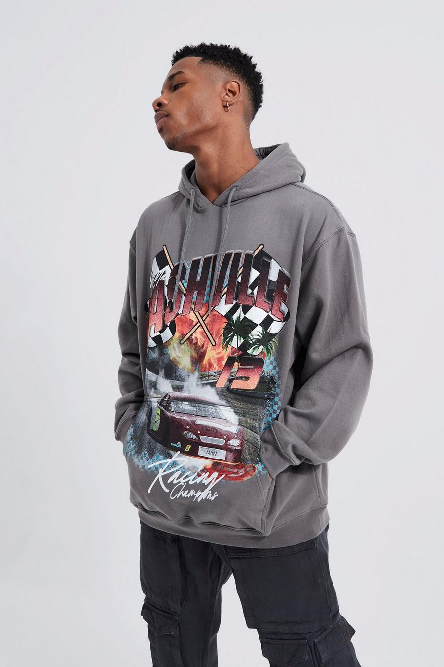 Charcoal grey Oversized Car Graphic Hoodie image number 1