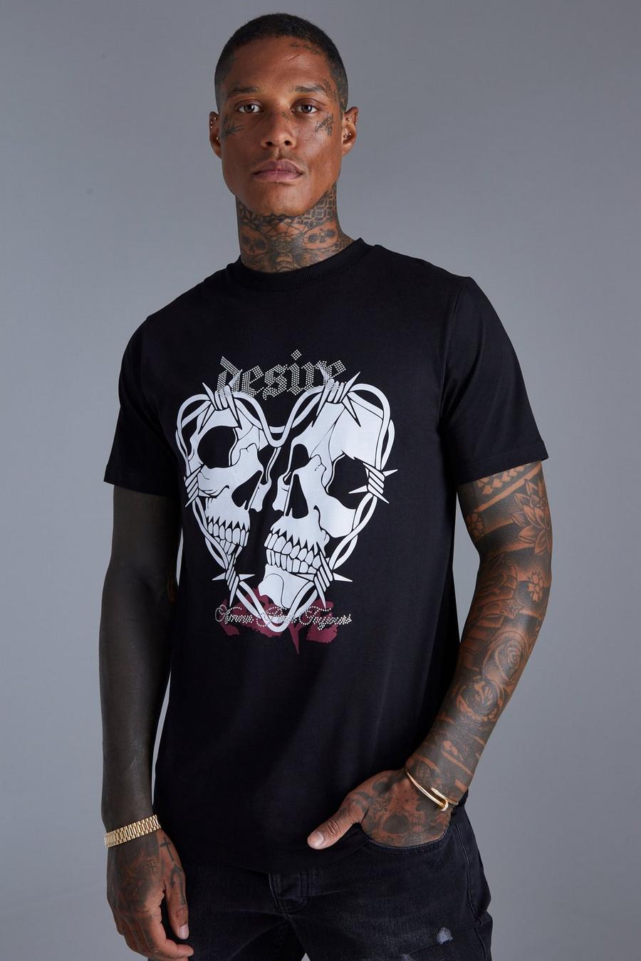 Black Slim Premium Rhinestone Skeleton T-shirt image number 1