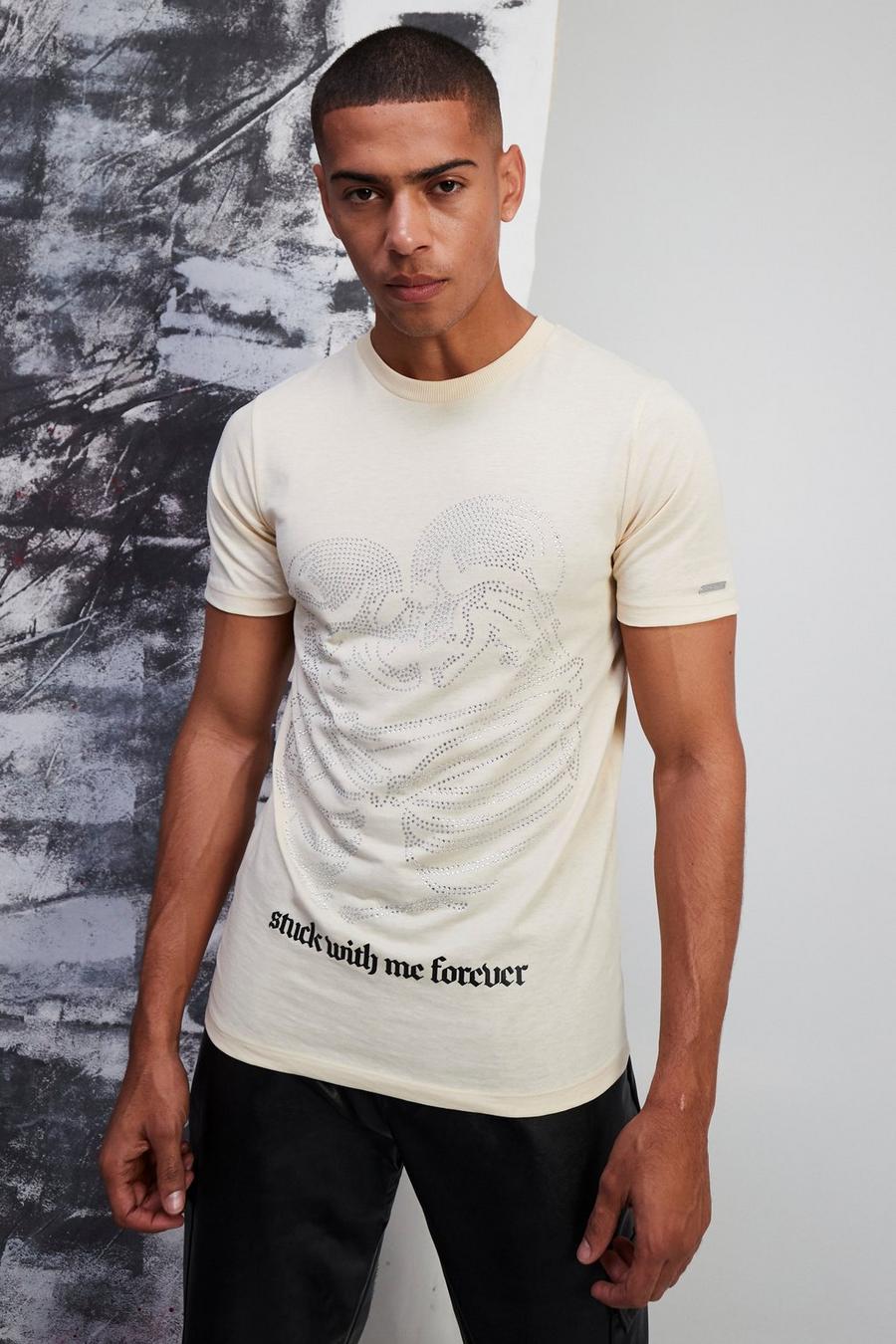 Slim-Fit T-Shirt mit Premium Skelett Print, Stone beige