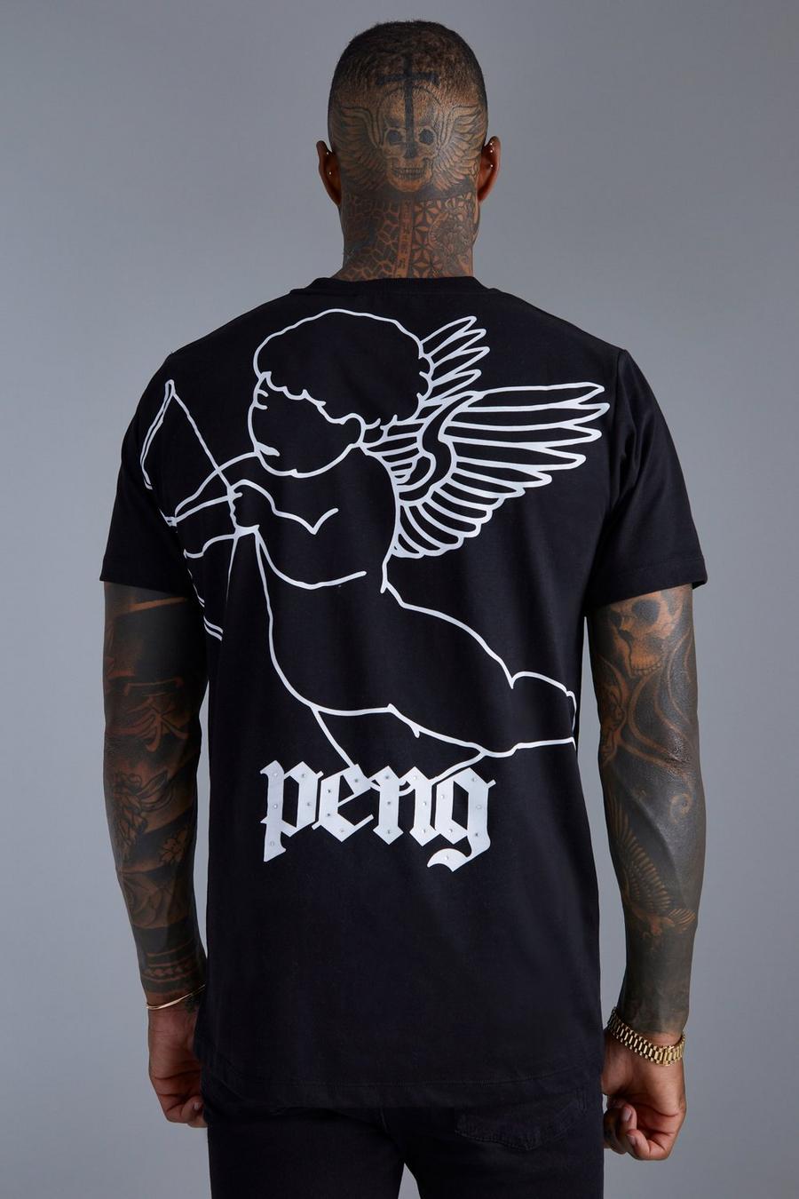 T-shirt Premium Slim Fit con angelo e strass, Black negro