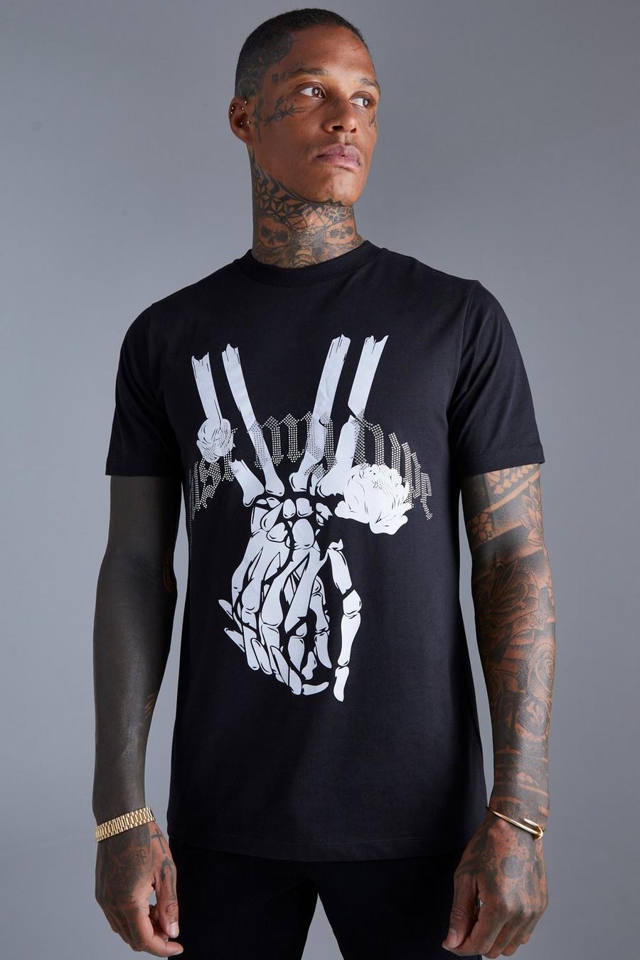 Black Slim Premium Rhinestone Skeleton T-shirt
