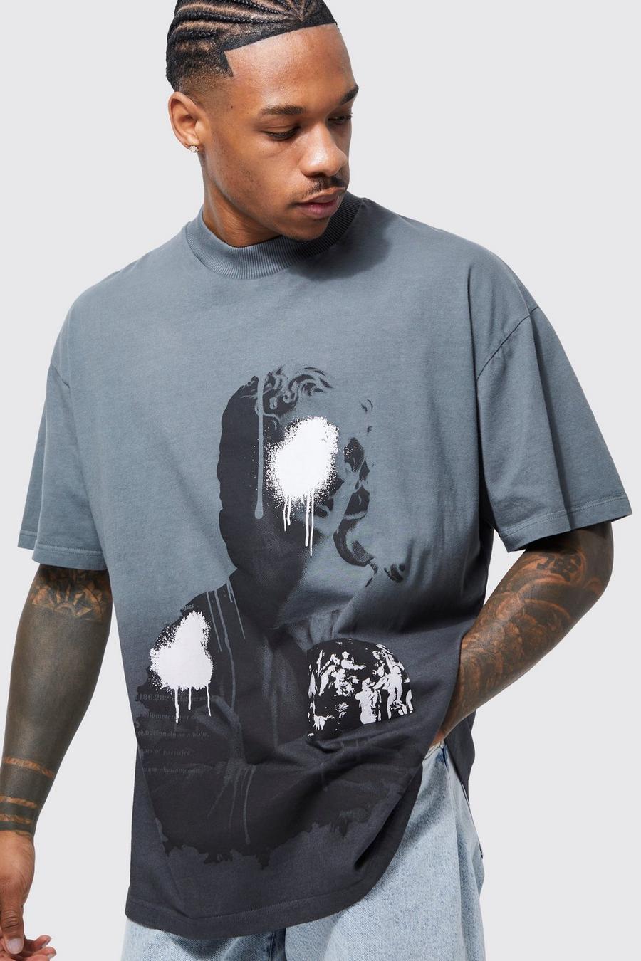 T-shirt oversize sfumata con stampa di statua, Grey image number 1