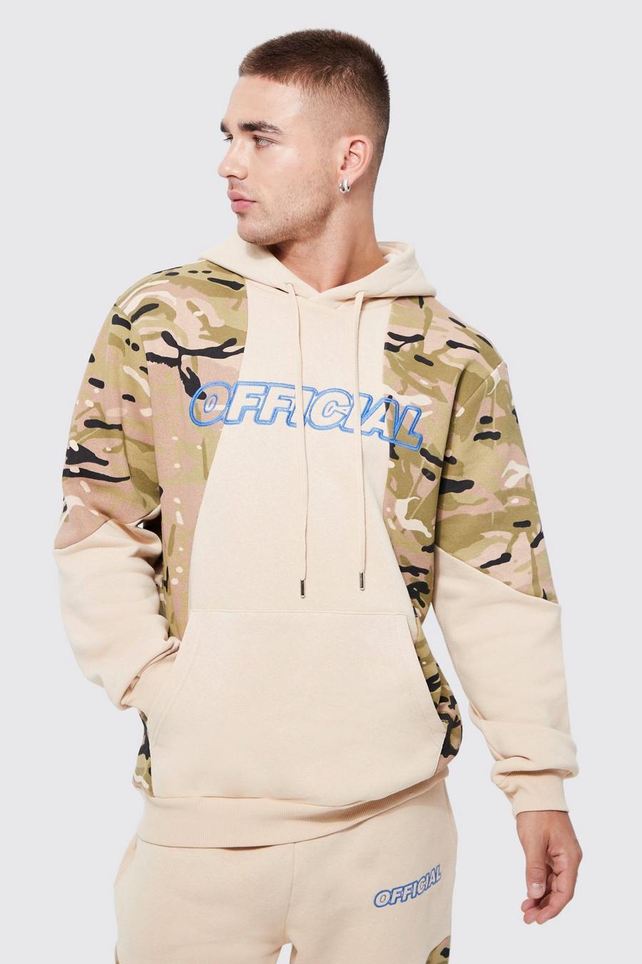 Neutral Quilted And Camo Panelled Hoodie image number 1